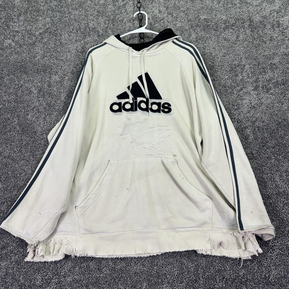Adidas Hoodie Mens 2XL White Gray Pullover Big Logo Distressed Gym Training